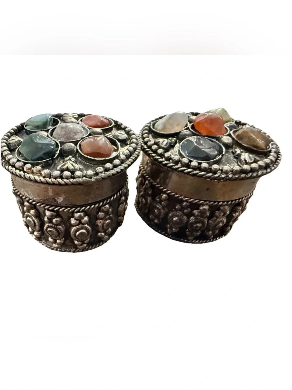 Vintage Silver Plated Trinket Boxes Set of 2 Semi Precious Stones Made In India